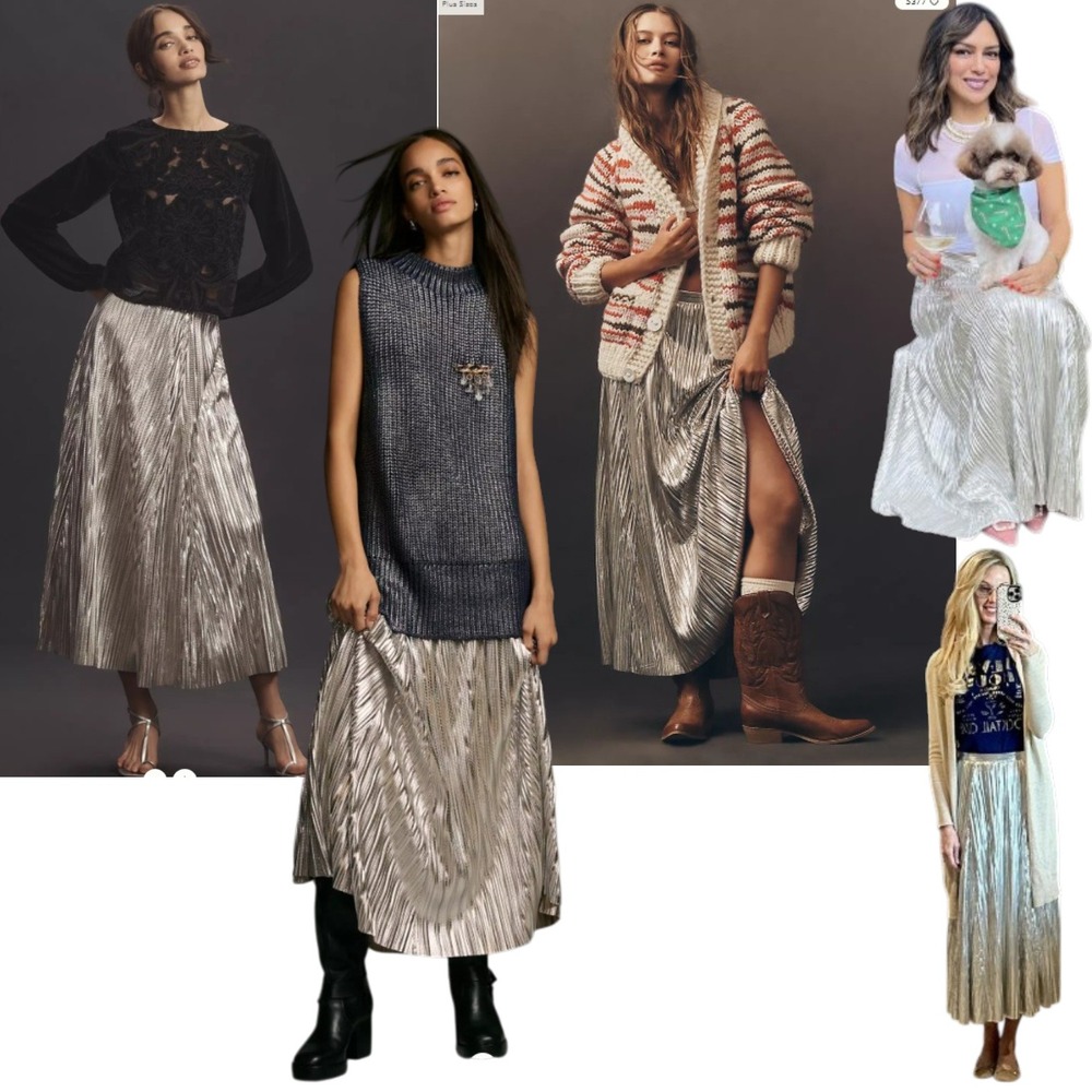 By Anthropologie Metallic Pleated Midi Skirt Silver XS OB2080543 Holiday Party - Picture 15 of 16